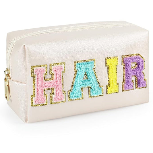 Preppy Makeup Bag, Synthetic Leather Patch Cosmetic Bag with HAIR Chenille Letter for Hair Care, Gift for Girlfriend or Wife, Present for Girls, Daughter and Mum(Cream)
