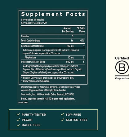 Gaia Herbs Quick Defense - Fast-Acting Immune Support Supplement for Use at Onset of Symptoms - with Echinacea, Black Elderberry, Ginger & Andrographis - 40 Vegan Liquid Phyto-Capsules (4-Day Supply)