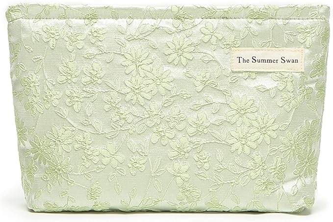 The Summer Swan | Floral Cosmetic Bag｜Large Aesthetic Travel Makeup Bag | Personal Item Bag | Preppy Makeup Pouch | Skincare Bag (Embroidery Green)