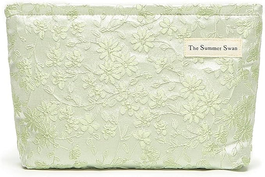 The Summer Swan | Floral Cosmetic Bag｜Large Aesthetic Travel Makeup Bag | Personal Item Bag | Preppy Makeup Pouch | Skincare Bag (Embroidery Green)