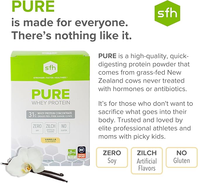 SFH Pure Whey Protein Powder | Best Tasting Grass Fed New Zealand Whey | All Natural | 100% Non-GMO, No Artificials, Soy Free, Gluten Free | Vanilla (Pack of 10 Single Serves)