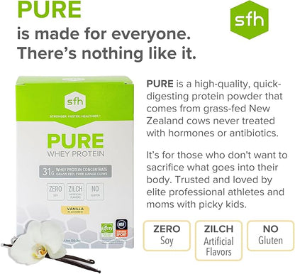 SFH Pure Whey Protein Powder | Best Tasting Grass Fed New Zealand Whey | All Natural | 100% Non-GMO, No Artificials, Soy Free, Gluten Free | Vanilla (Pack of 10 Single Serves)