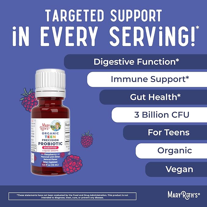 MaryRuth Organics USDA Organic Liquid Probiotic Drops for Teens | Gut Health | Digestive Health | Occasional Digestive Discomfort | Overall Health and Wellness | Non GMO | Vegan | 30 Servings