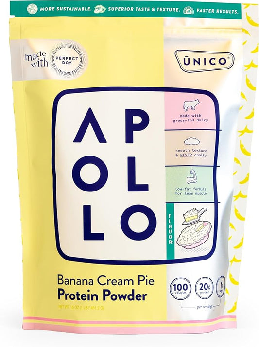 Unico Apollo Banana Cream Pie Protein Powder - 20g Whey, Casein, Egg White Formula | Keeps You Full for 6 Hours | Decadent Flavor & Non-Chalky Texture | 100 cals per Serving