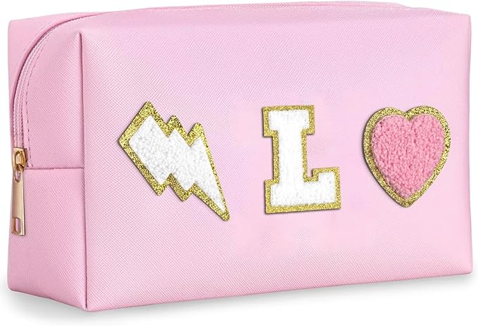 TOPEAST Preppy Makeup Bag for Women, Personalized with Initial, Chenille Letter, PU Leather, 8.3x5.1x3.5 in, Pink