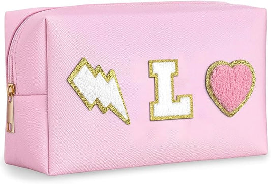 TOPEAST Preppy Makeup Bag for Women, Personalized with Initial, Chenille Letter, PU Leather, 8.3x5.1x3.5 in, Pink