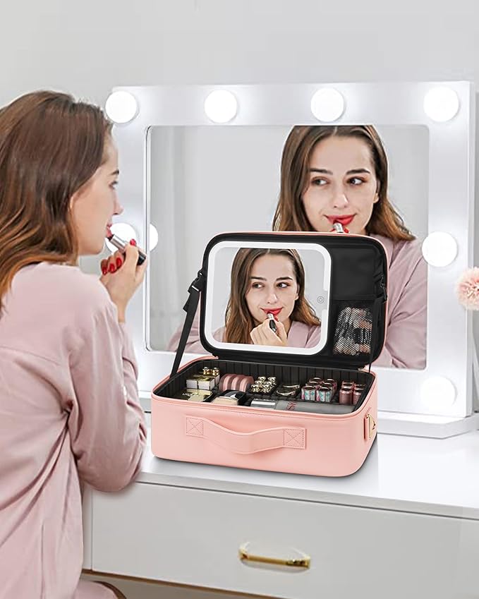 Chomeiu Makeup Bag with LED Mirror, Travel Cosmetic Train Case for Women, Makeup Artists Large Organizer Box with Vanity Light Up Mirror, 3 Color Lights, Adjustable Dividers & Shoulder Strap (Black)