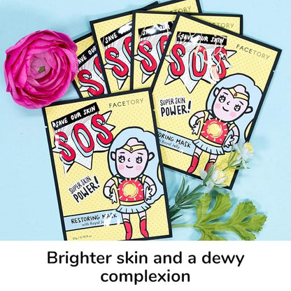 FACETORY K Beauty Face Mask Skin Care - SOS SAVE OUR SKIN RESTORING Sheet Mask with Royal Jelly & Aloe | De-Stress, Calm Inflammation, Dewy Skin (10 Pack)