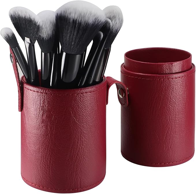 Portable Makeup Brush Case,Pu Leather Makeup Brush Holder with Button,Travel Cup Storage Dustproof Makeup Cosmetic Bags for Women (Red)