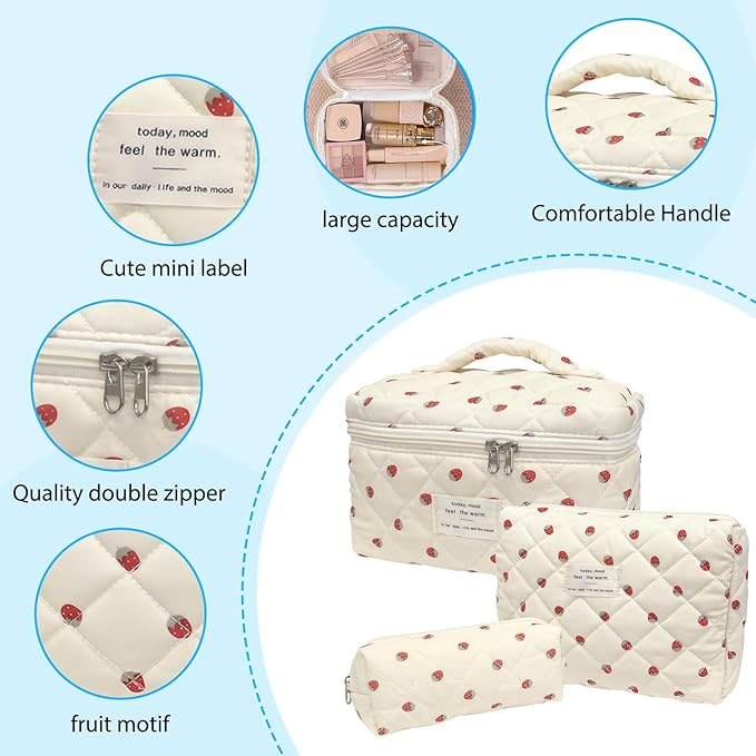 3 Piece Strawberry Quilted Makeup Bag, Large Capacity Travel Cosmetic Bag for Women and Girls, Aesthetic Storage for Daily and Travel Use (3pcs-Strawberry)