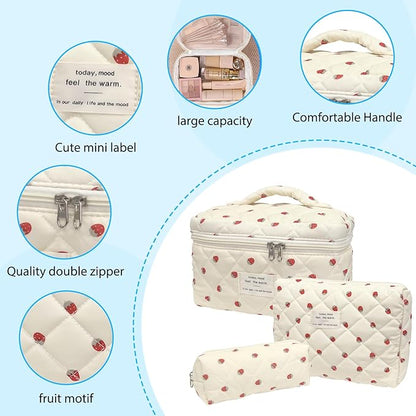3 Piece Strawberry Quilted Makeup Bag, Large Capacity Travel Cosmetic Bag for Women and Girls, Aesthetic Storage for Daily and Travel Use (3pcs-Strawberry)