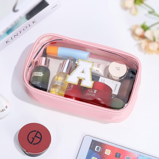 YOOLIFE Travel Clear Makeup Bag Toiletry Bag, Make up Bag Waterproof Toiletry Bags for Women Cosmetic Bag Preppy Stuff Birthday Gifts for Women Personalized Pink Mother Girlfriend Wife Gifts Letter O