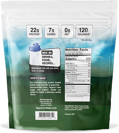 Opportuniteas Grass Fed Vanilla Whey Protein Isolate Powder - 22g Protein Powder Without Artificial Sweeteners, Hormone-Free Cows, Non GMO - 2.5lb