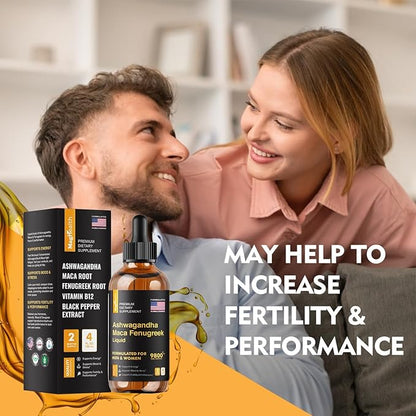 Ashwagandha Maca Fenugreek Extracts - Supports Energy & Focus - Liquid Supplement for Men & Women - 60 Day Servings, Vegan Drops (4 oz)
