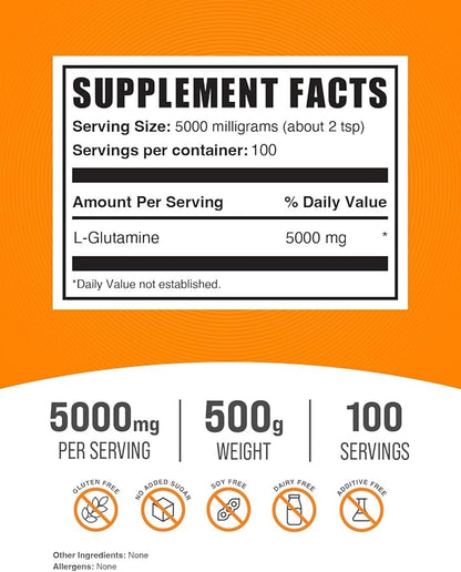 BulkSupplements.com L-Glutamine Powder - Glutamine Supplement, L-Glutamine 5000mg, L Glutamine Powder - Unflavored & Gluten Free, 5000mg per Serving, 500g (1.1 lbs) (Pack of 1)