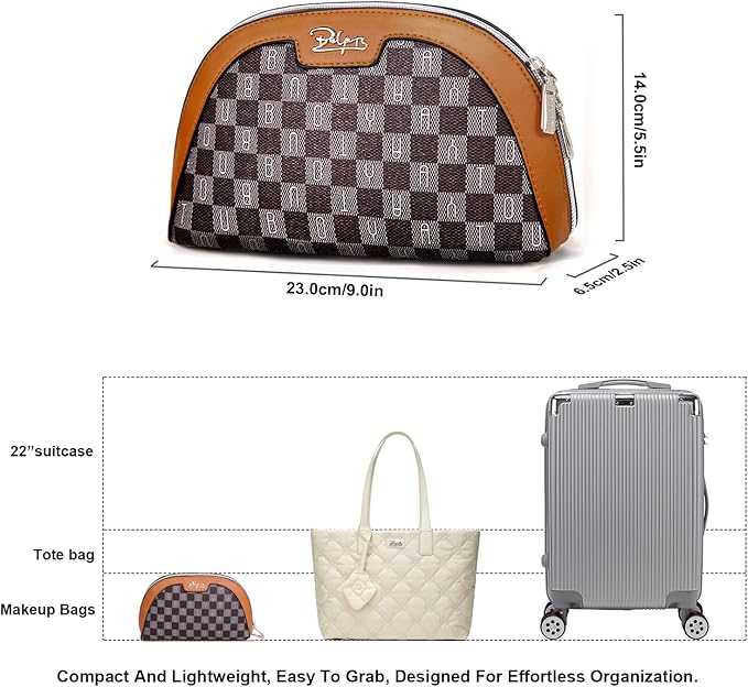 Small Makeup Bag for Purse Cosmetic Bag: Checkered Make up Bag for Women - Cute Preppy Skincare Bags for Evening - Waterproof Travel Pouch for Toiletry Organizer with Mirror & Zipper(020-Brown)