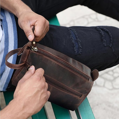 RUSTIC TOWN Buffalo Leather Toiletry Bag : Vintage Travel Shaving & Dopp Kit : for Toiletries, Cosmetics & More : Spacious Interior & Waterproof Lining : Compact, Fits Easily in Luggage
