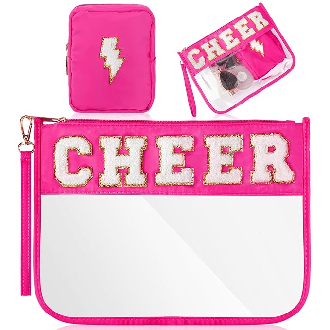 Hillban 2 Pcs Cheer Makeup Cosmetic Bag Cheerleader Team Gifts Clear Zipper Toiletry Pouch for Travel Chenille Letter Bag Pink Preppy Patch Purse PVC Waterproof Cheer Stuff Accessories for Women Girl