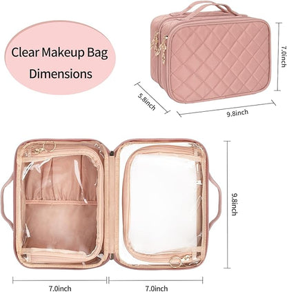OCHEAL Makeup Bag, Double Layer Cosmetic Bag, Large Capacity New Look Clear Cosmetic Case for Women Travel Beauty Essentials, Multiple Compartments Makeup Case Organizer Zipper Pouch -Nude Pink