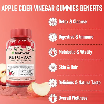 Apple Cider Vinegar Gummies, Max Strength 2000mg ACV Gummies with Probiotics, B12 and Keto, for Digestion, Metabolism, Gut & Immune Health, Gelatin-Free, Vegan & Non-GMO, 180 Gummies