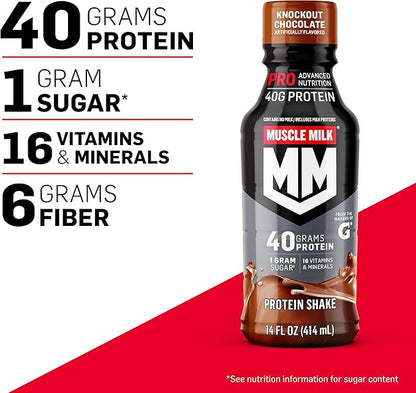 Muscle Milk Pro Series Chocolate Peanut Butter Protein Shake 40g Protein Pack of 12 & Pro Advanced Nutrition Knockout Chocolate Protein Shake 32g Protein Pack of 12