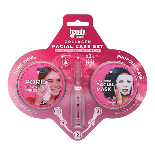 Handy Towel 3-Step Collagen Facial Care Set, Skin Renewal Collagen Face Kit, Collagen with Hyaluronic Acid, Nourishing Glow Capsule Skin Care Solution, 3 in 1 Purify+Hydrate+Boost Beauty Set