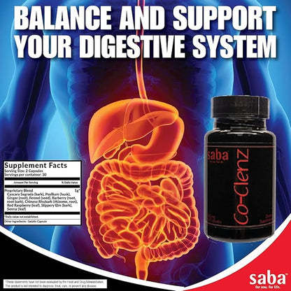 Saba Co-Clenz - 5 Day Cleanse for Men & Women-Supports Healthy Bowel Movements- Detox, Colon Health, Helps Constipation -30 Capsules,