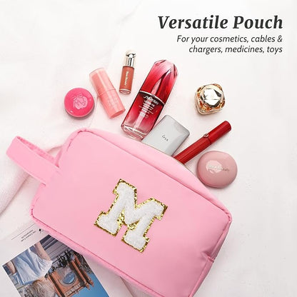 Aveniee Initial Monogram Makeup Bag,Personalized Travel Makeup Bag Pouch Organizer With Handle,Preppy Cosmetic Bag,Christmas Birthday Gifts for Teen Girls Sister Teacher-Pink K