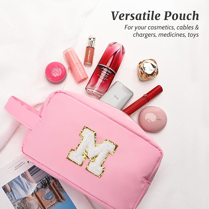 Aveniee Monogram Makeup Bag for Women,Personalized Organizer Bag With Handle,Cute Cosmetic Travel Toiletry Bag,Halloween Christmas Birthday Gifts for Daughter or Best Friend-Pink C