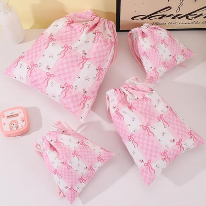 LYDZTION 4pcs Floral Drawstring Makeup Bags Pouches For Purse, Small Canvas Cloth Gift Bags Pouch For Cosmetics Jewerlry Home Travel Storage,Flower Bow