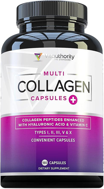 Vitauthority Multi Collagen Pills for Women and Men High Absorption Hydrolyzed Collagen Peptides Capsules for Hair Skin and Nails with Types I II III V X Hyaluronic Acid and Vitamin C - 60 Servings