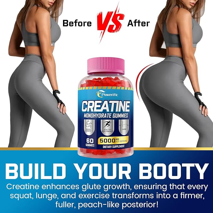 Creatine Monohydrate Gummies for Men & Women, Create Creatine Pre-Workout Gummies, Taurine&B6, Increase Strength, Energy & Endurance Chewable Supplements, 5g Per Serving, Organic (2 Packs)