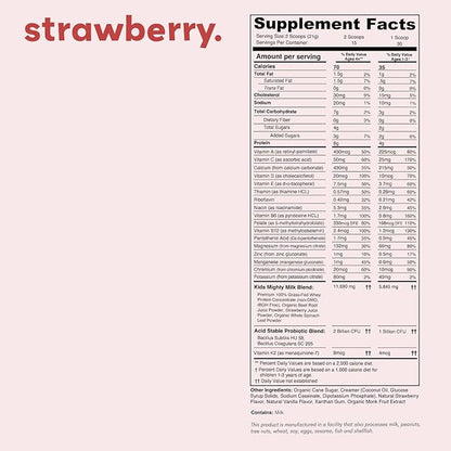 Mighty Strawberry Milk - Kids All-in-One Daily Protein Powder & Multivitamin Boosted with 2 Billion Probiotics & Organic Spinach - Natural Flavors, Colors & Sweeteners - 15-30 Servings