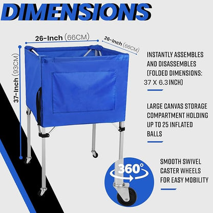 Volleyball Ball cart with Wheels Portable Basket Storage Cart 37in x 26in x 26in Garage Sports Equipment Organizer Volleyball Basketball Soccer Toy Blue