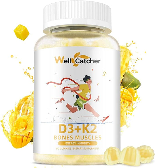 Vitamin D3 K2 Gummies - Vitamin D3 5000 IU K2 (MK-7) 120mcg Supplements with Vitamin B Complex Sugar Free for Adults Supports Bone Teeth Strength Immune Mango Flavor 60 Counts 1 Pack