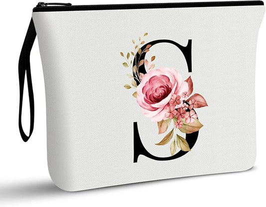 Vavabox A-Z Personalized Makeup Bag, Birthday Gifts for Women Mom, Gifts for Best Friend, Bride Bridesmaid Cosmetic bag (S, White)