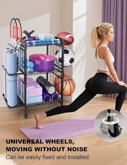 Yoga Mat Storage Rack, Home Gym Organizer Rack Yoga Mat Holder, Workout Storage for Yoga Mat, Gym Equipment Storage Cart with Wheels and Hooks for Home Exercise and Fitness Gear