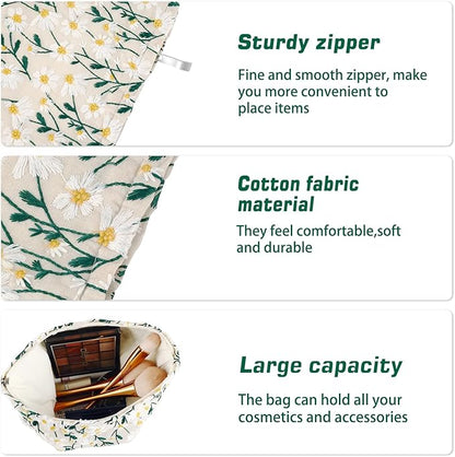 Flower Makeup Bag Travel Daisy Floral Cosmetic Bag for Women Cute Makeup Pouch Zipper Cosmetic Pouch for Purse Jacquard Aesthetic Floral Skincare Bag Portable Travel Toiletry Bag Organizer