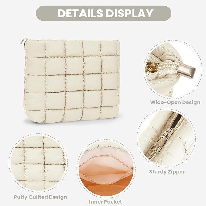Puffy Quilted Makeup Bag Cosmetic Bags Travel Cute Puffer Solid Toiletry Organizer Pouch Storage Clutch for Women