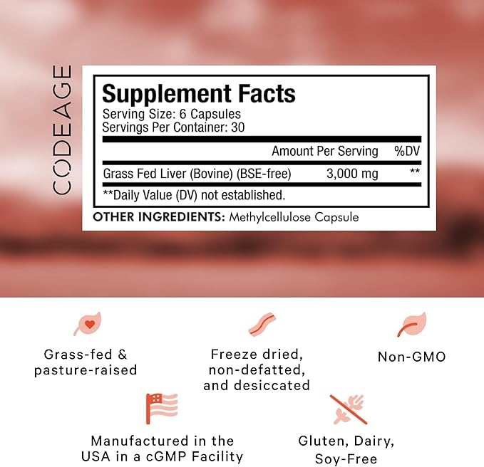 Codeage Grass Fed Beef Liver Supplement Superfood, Freeze Dried, Non-Defatted, Desiccated Beef Liver Glandulars Bovine Pills, Pasture Raised Beef Vitamins, Non-GMO Liver Meat, 180 Capsules