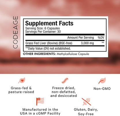 Codeage Grass Fed Beef Liver Supplement Superfood, Freeze Dried, Non-Defatted, Desiccated Beef Liver Glandulars Bovine Pills, Pasture Raised Beef Vitamins, Non-GMO Liver Meat, 180 Capsules