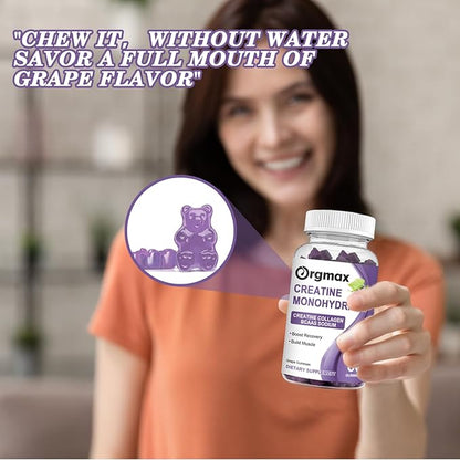 Creatine Monohydrate Gummies, Delicious Grape Flavored for Men & Women, Enhanced with Collagen & BCAA, Easy-to-Swallow Chews for Muscle Strength, Energy Boost, Pre-Workout Supplement(2 Pack)