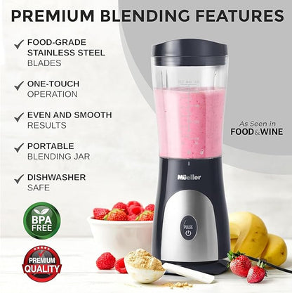 Mueller Smoothie Blender for Smoothies - Personal Blender for Shakes, Frozen Drinks, Baby Food & More, 15oz Travel Cup and Lid, Durable Stainless Steel Blades for Powerful Blending Performance