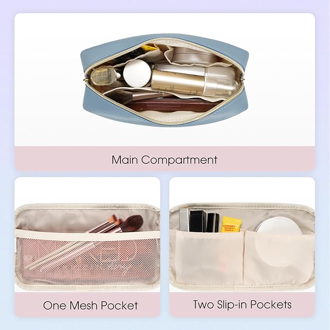 Wandering Nature Makeup Bag for Purse Cosmetic Bags for Women Make Up Organizer Travel Pouch Pencil Case with Slip-in Pockets Vegan Leather,Patent Pending