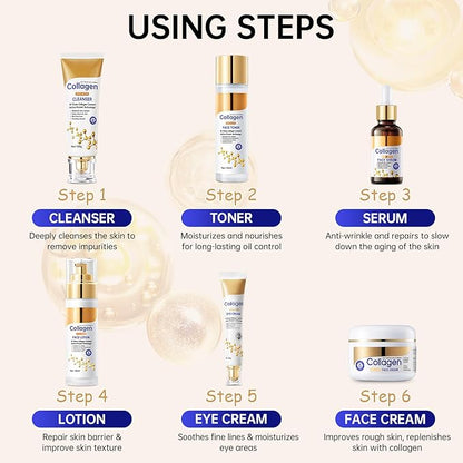 Collagen Skin Care Set, Anti Aging Skincare Set for Face, Shrink Pores, Hydrate & Firm Skin, 6 Pcs Individually Packaged Skincare Kits for Women with Cleanser, Toner, Lotion, Serum, Cream, Eye Cream.