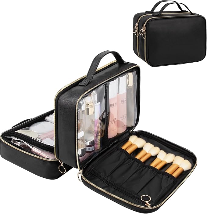 OCHEAL Makeup Bag Organizer, Double Layer Cosmetic Bag, Large Capacity Travel Toiletry Bag for Women Beauty Essentials, Multiple Compartments Makeup Case Organizer Zipper Pouch - Black
