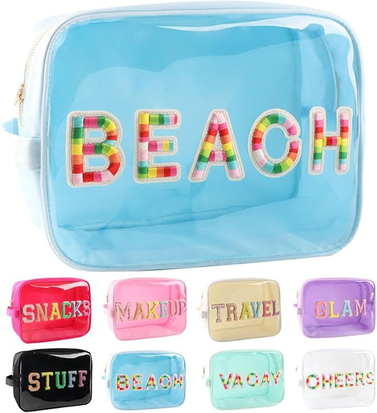 Clear Extra Large 3D Embroidery Patches BEACH Pouch Preppy Transparent TPU and Nylon Cosmetic Pouch Women (X-Large, IceBlue-Beach)
