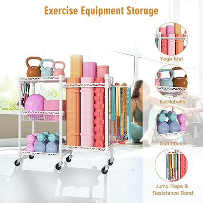 Home Gym Storage, 3 Tiers Workout Equipment Organizer with Wheels for Yoga Mats, Foam Roller, Dumbbells, Kettlebells, and Resistance Bands