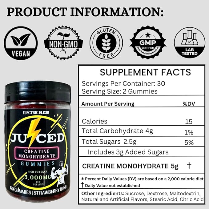 Creatine Monohydrate Gummies for Men & Women 5000mg - Quick Muscle Growth, Endurance Support - Power Boost For Strength, Energy, Performance & Recovery - Chewable Pre Workout Supplement (Strawberry)
