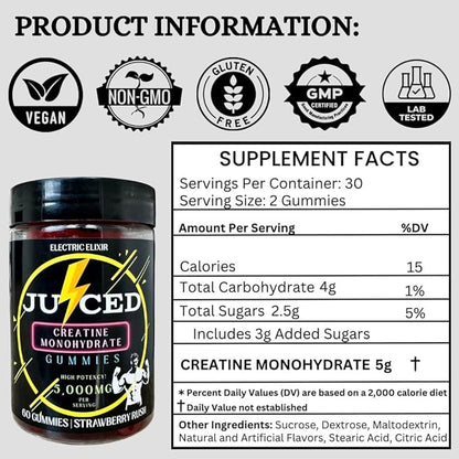 Creatine Monohydrate Gummies for Men & Women 5000mg - Quick Muscle Growth, Endurance Support - Power Boost For Strength, Energy, Performance & Recovery - Chewable Pre Workout Supplement (Strawberry)